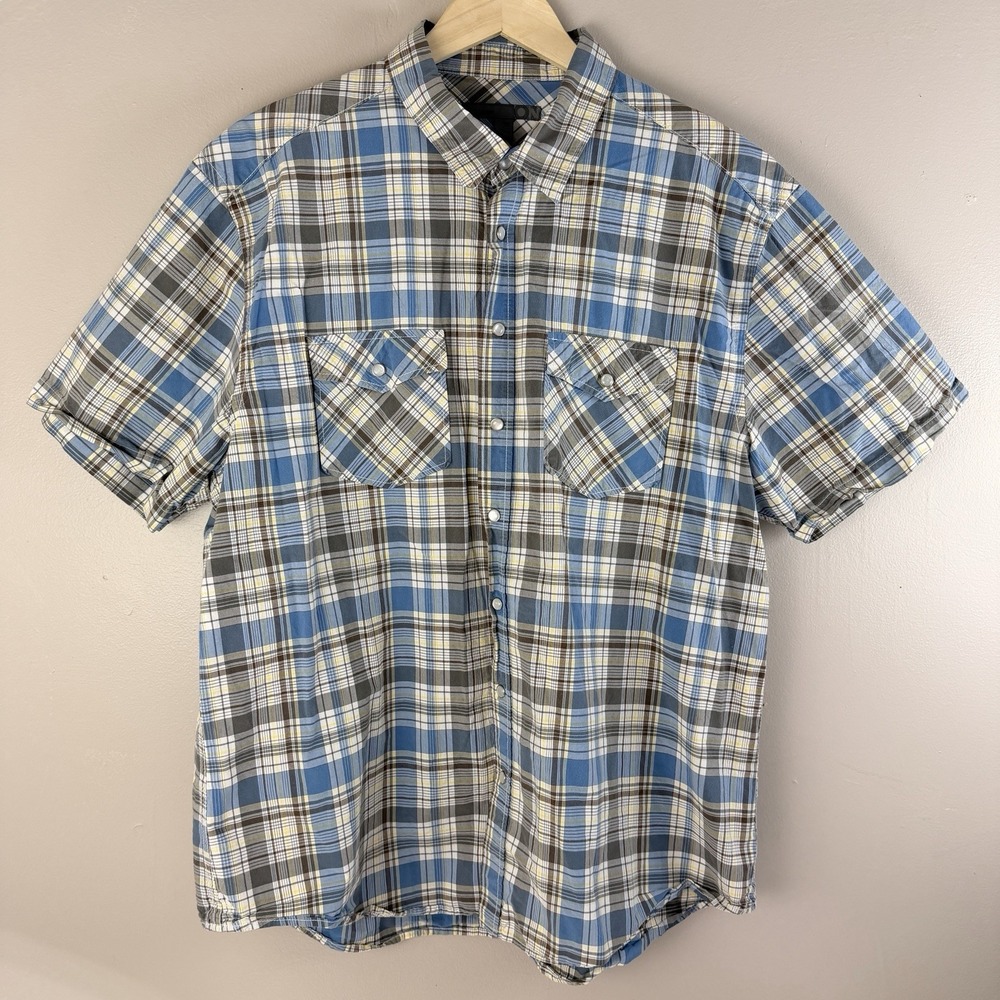 Old Navy Men's 2XL Blue Plaid Short Sleeve Pearl Snap Cotton Button Shirt